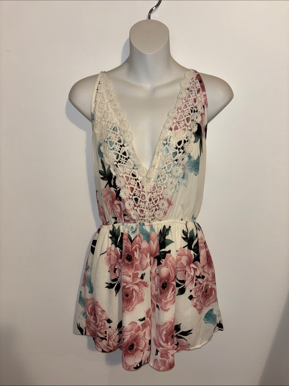 Floral Spaghetti Strap Romper in Cream, Pink & Blue
